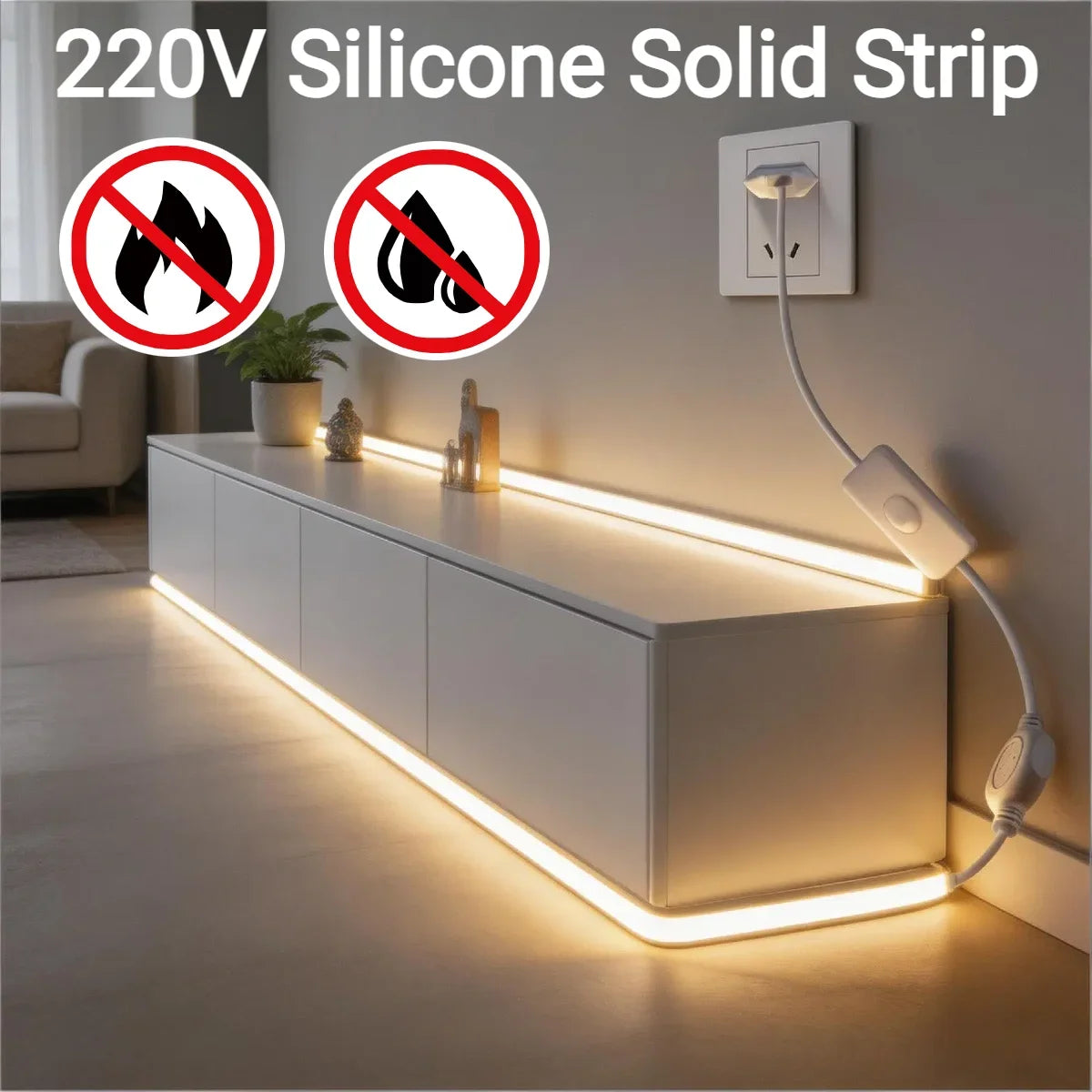 1-30M Flexibler Silikon-COB-LED-Streifen 220V, Wasserdicht, 3 Farbtemperaturen Neonlicht mit Schalter für Heim-Ambiente-Dekoration